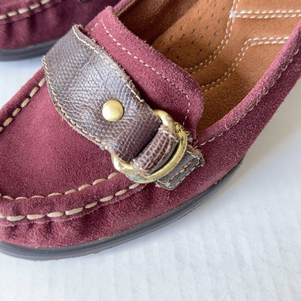 Womens Loafer Shoes Burgundy Suede Pumps Brown Strap Buckle Sz 7 7M - Picture 9 of 13